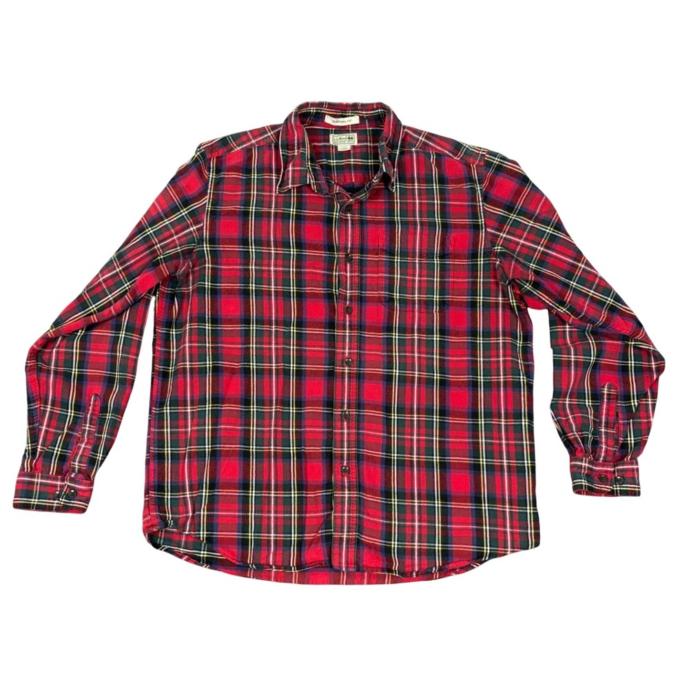 L.L. Bean Button Down Shirt Mens L Red Plaid Traditional Fit Cotton Flannel Fall